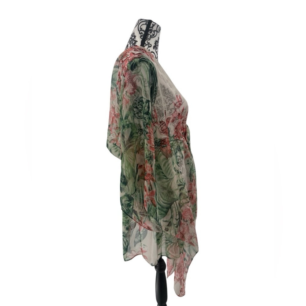 BCBGeneration Sheer Tropical Floral Kimono Wrap Cover-Up Boho Resort Tassel Tie - Picture 5 of 9